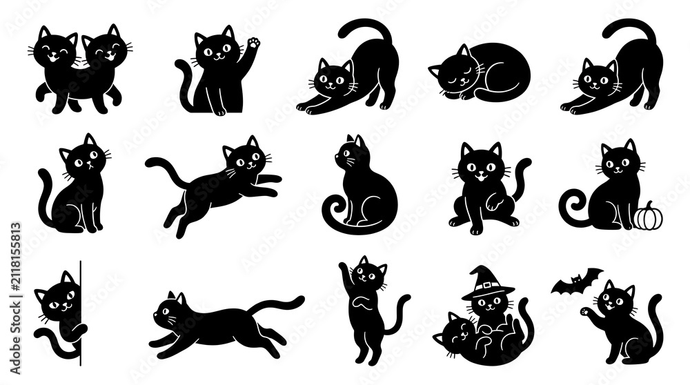 Obraz premium Set of cute black cat silhouettes. Collection of funny kitten icons in various poses.