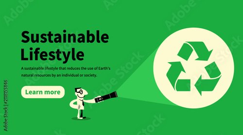 Businessman shining a flashlight to reveal a green recycling symbol on a green background. For environmental awareness, green solutions, and sustainable lifestyle promotional web banners.