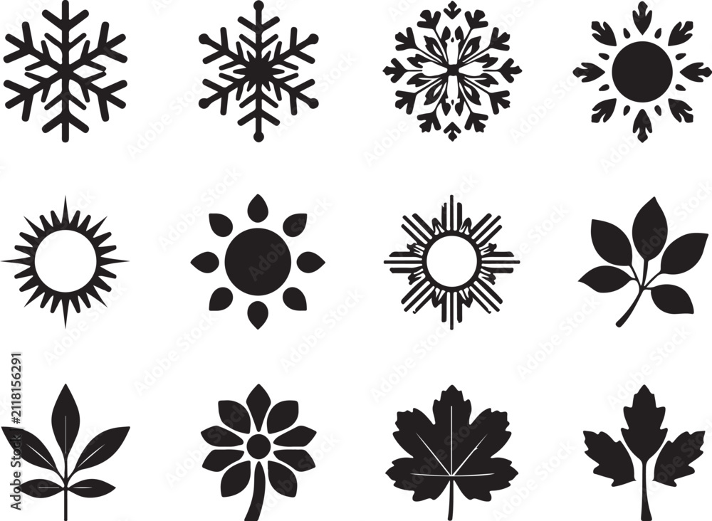 Obraz premium Collection of black silhouettes featuring snowflake sun and various botanical leaves
