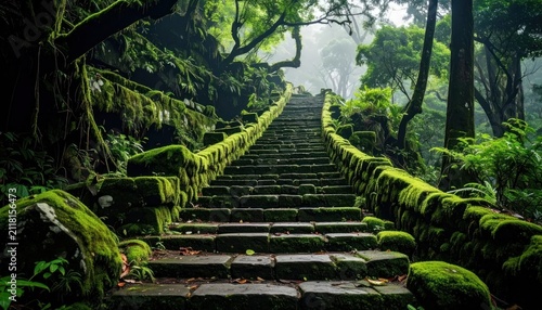 Ancient mossy stone stairs leading through lush tropical forest.