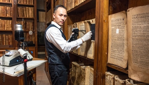 Archivist examining old manuscripts in historical library archive.