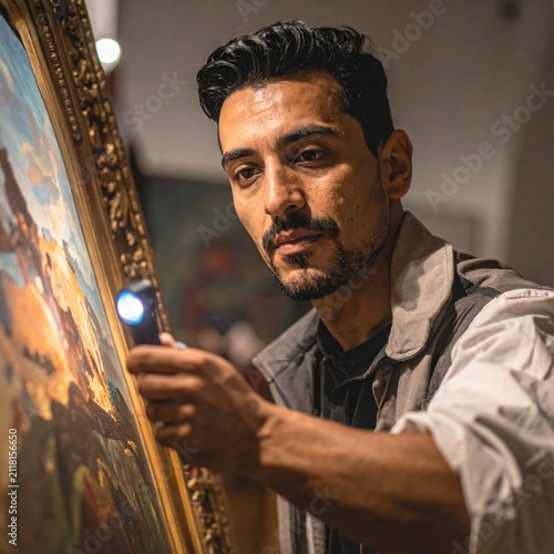 Art conservator examining historic painting using specialized ultraviolet light.