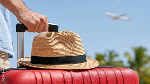 Hand holding red suitcase with straw hat, airplane and palm trees under blue sky, summer vacation travel vertical concept