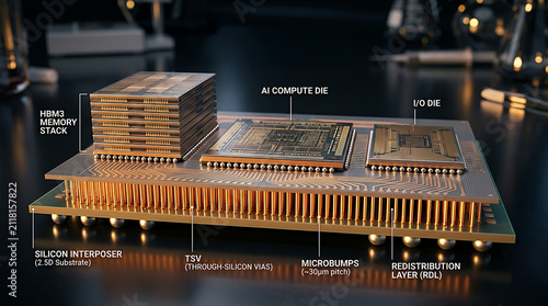 Photorealistic Macro Chiplet Silicon Interposer AI Processor TSV Microbumps Advanced Packaging 3D Render