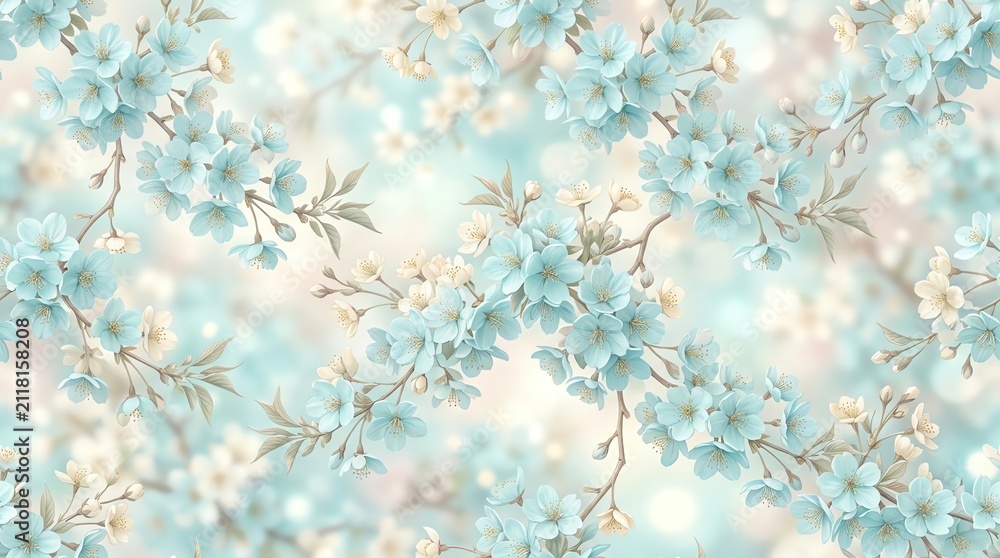 Naklejka premium Soft Blue Cherry Blossoms Gentle Spring Floral Pattern Background