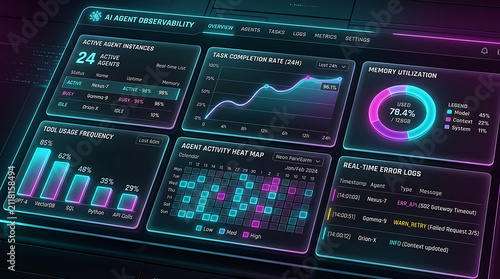Dark Themed AI Agent Observability Dashboard Real Time Metrics Task Completion Tool Usage Monitoring