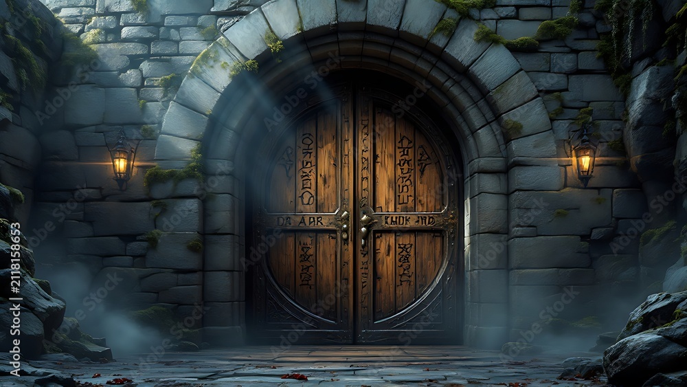 Fototapeta premium Ancient medieval wooden door in a stone archway with glowing lanterns and foggy mystic entrance to castle dungeon