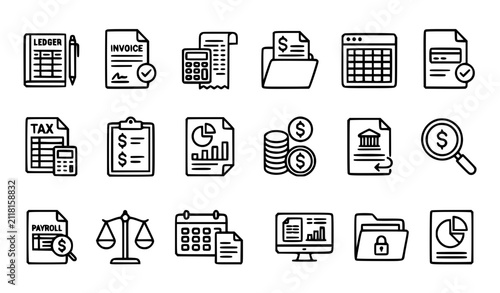 Bookkeeping and Accounting Outline Icons Collection with Editable Stroke Vector Set