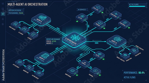 Isometric Multi Agent AI Orchestration Platform Vector Diagram Agent Communication Network Workflow