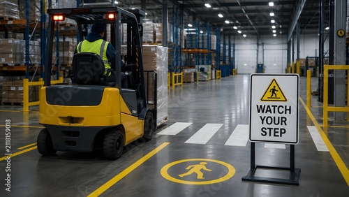 Dedicated forklift operator safely navigates a busy modern warehouse, transporting goods on pallets past clear pedestrian safety markings and signs, ensuring efficient logistics.