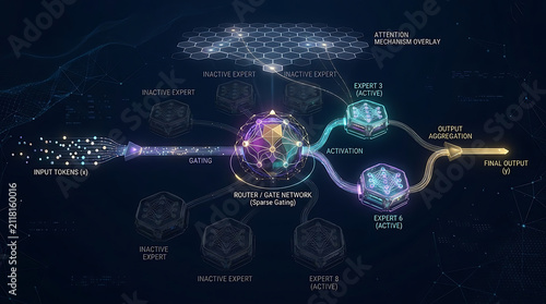 3D Mixture of Experts MoE Architecture Visualization Router Network Sparse Activation LLM Diagram