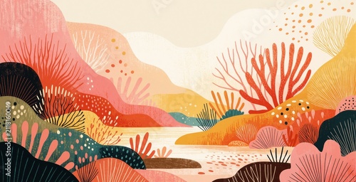 Abstract landscape illustration features coral reef underwater scene with warm orange, pink tones. Digital art shows wavy organic shapes, textured flora patterns. Graphic design elements create