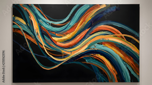 Abstract expressionist oil painting with flowing colorful ribbons on canvas with yellow paint against dark background expressionism