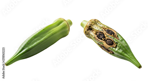 Fresh Green Okra Pod And Cut Okra Fruit Portrait.