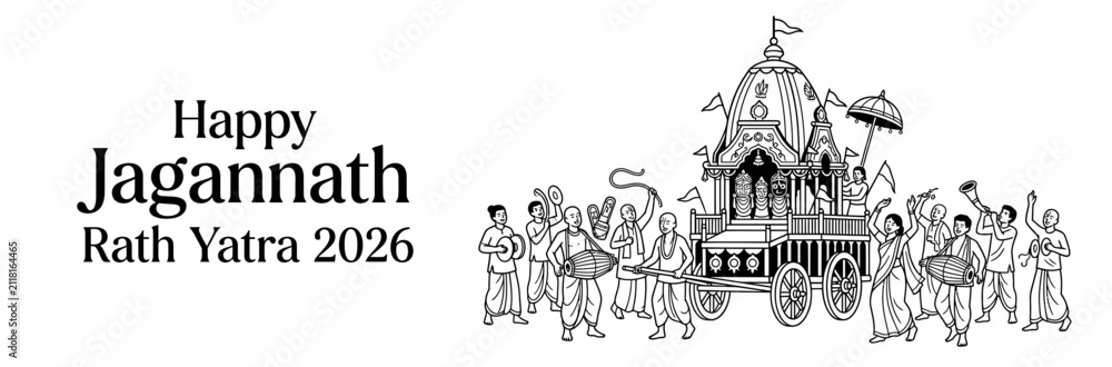 Obraz premium Happy Jagannath Rath Yatra 2026 Festival Celebration with Devotees and Chariot Line Art Illustration