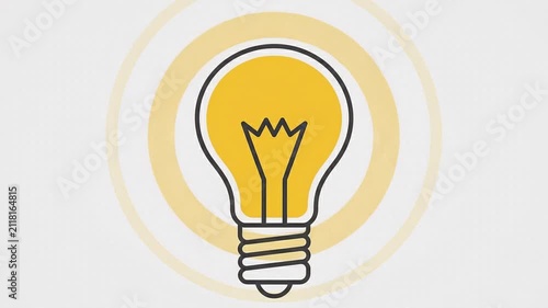 Minimalist light bulb animation, glowing yellow lightbulb icon representing creative idea, flat design concept for innovation and brainstorming