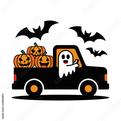 Cute Halloween Ghost Driving Pickup Truck with Pumpkins Cartoon Illustration