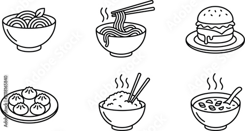 Asian food vector icon set containing noodle bowl hamburger dumpling dim sum rice and soup line art