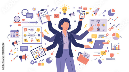 Corporate professional multitasking amid digital collaboration and data visualization tools.