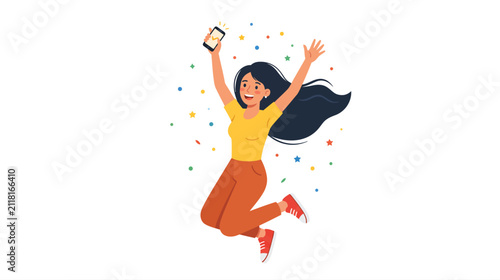 Cuadro en lienzo Cheerful cartoon girl jumps with excitement amid colorful confetti
