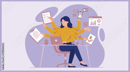 Busy professional at a cluttered desk surrounded by floating papers and screens, illustrating multitasking and collaboration at work.