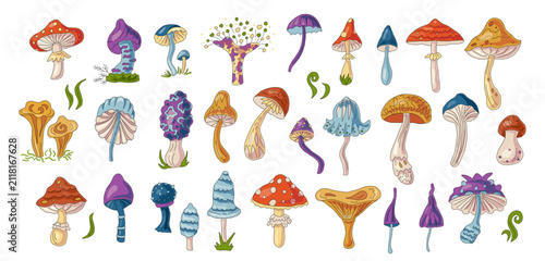 Mushrooms isolated on white background. Editable stroke weight. Vector illustration set.	
