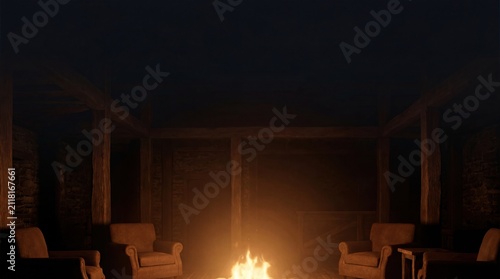cozy firelight illuminating empty space in rustic cabin interior