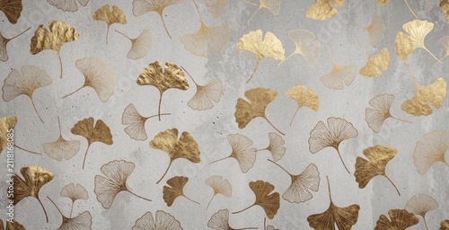 Gold ginkgo leaf pattern overlay on rough concrete surface. Elegant organic shapes on textured gray background. Modern decor element with metallic shine.
