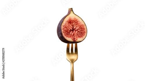 Half fig fruit on gold fork on transparent png background