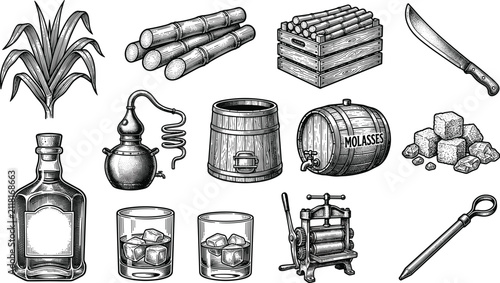 Bild auf Leinwand Sugarcane and Rum Production Vintage Engraving Vector Set with Distillation Alem