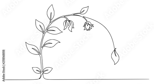 Minimalist line art of a wilting plant with leaves and flower, isolated on white.