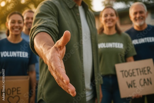 leadership development nonprofits volunteer concept. Volunteer group offering help with outstretched hand and hopeful signs
