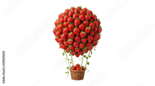 A strawberry hot air balloon with a berry-filled basket on png background