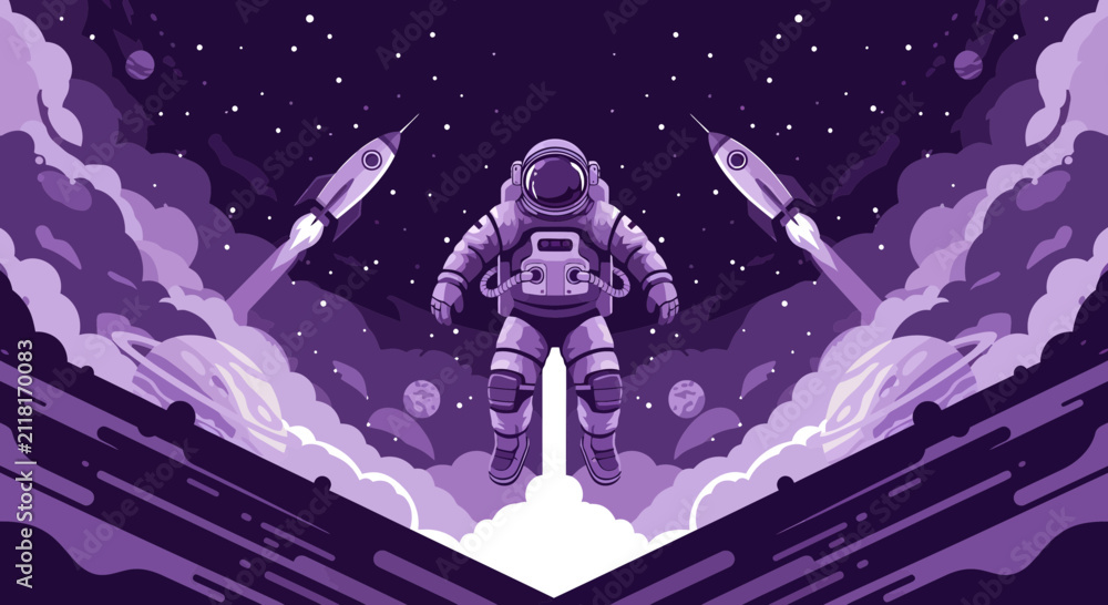 Fototapeta premium Astronaut Launching Among Stars and Rockets in Space