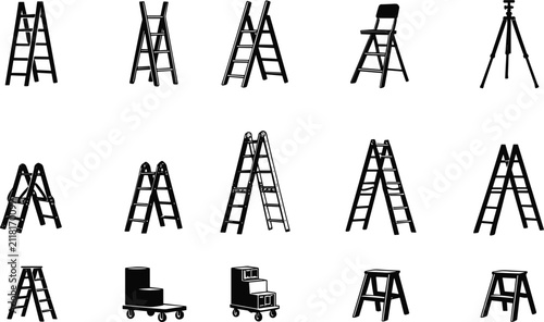 Collection of black stepladder and step stool silhouette icons for home improvement
