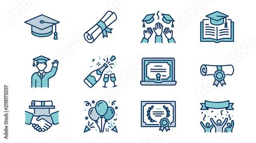 Graduation icons and education symbols.