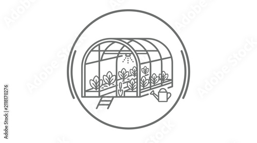 Greenhouse with plants and gardening tools.