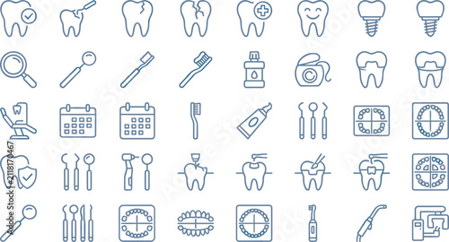 Foto Dental clinic thin line blue stroke icon set featuring medical instruments mouth