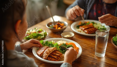 Family members enjoying nutritious grilled chicken and fresh vegetable salads during a home lunch with fresh vegetables wooden table displays close perspective