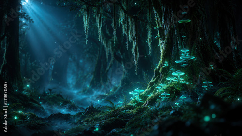 Glowing mushroom forest at night with mystical blue light beams and fog creating enchanting magical atmosphere
