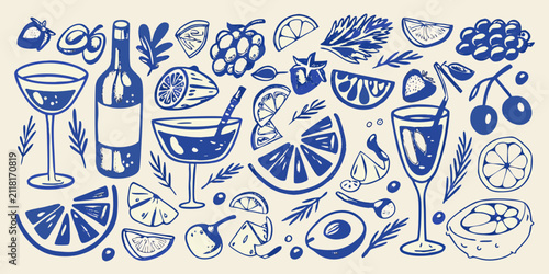 Cocktails Fruits And Olives Blue Line Illustration Pattern