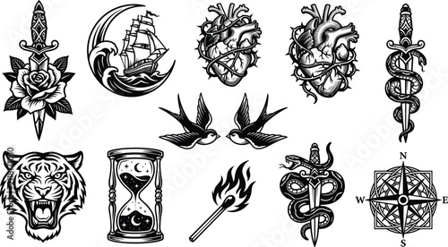 Bild auf Leinwand Old School Traditional Tattoo Vector Icon Set with Dagger Rose Ship Swallow Snak