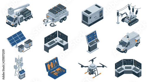Fotografie Set of isometric icons representing electrical power generation, distribution, and maintenance equipment