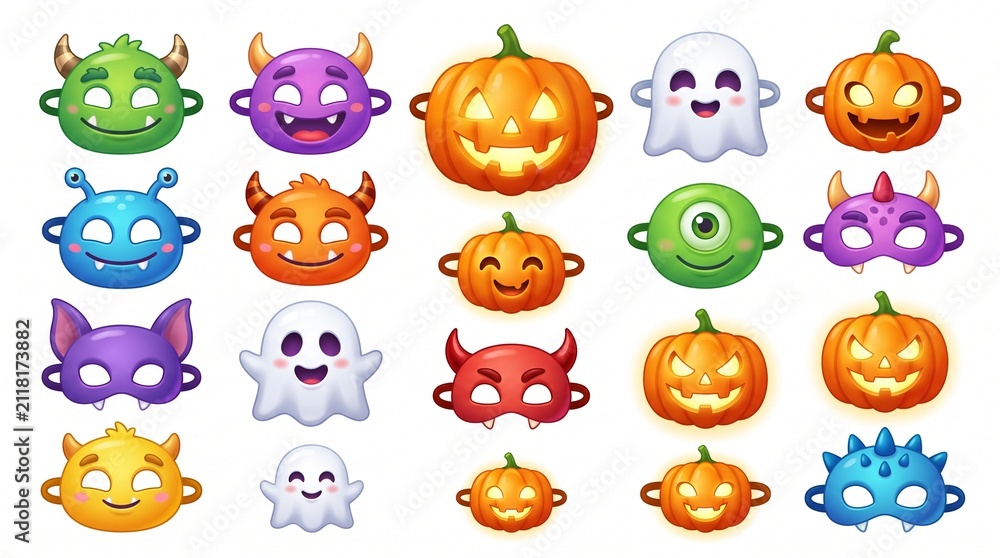 Obraz premium Halloween monster masks and glowing pumpkin faces isolated on a white background for creative holiday party costume graphic elements.