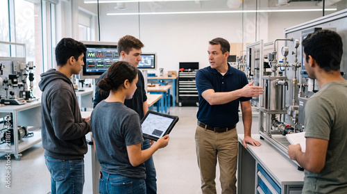 上图是一张反应职业教育智能实训的图片。图片的提示词是A vocational engineering instructor teaching students in a modern smart training laboratory. The instructor is explaining industrial equipment concepts while students observe