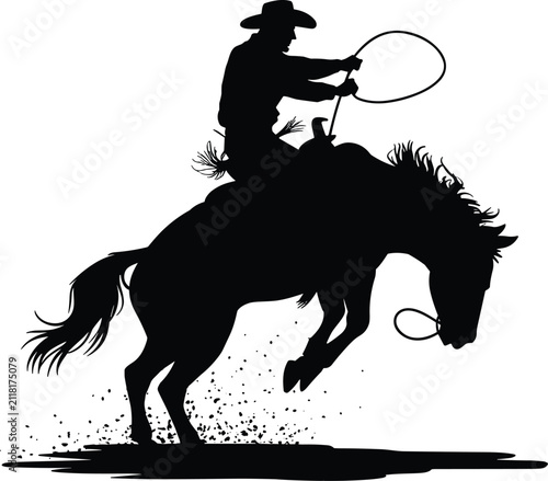 Фотография Dynamic silhouette of a cowboy skillfully riding a bucking horse at a thrilling