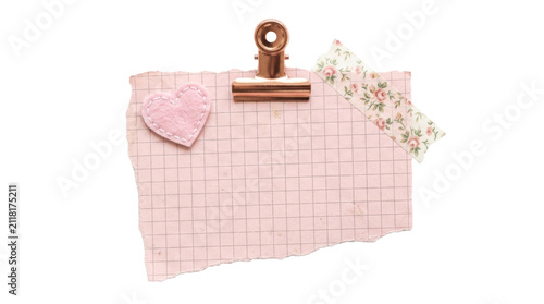 Pink graph paper note with binder clip and heart patch on png background style
