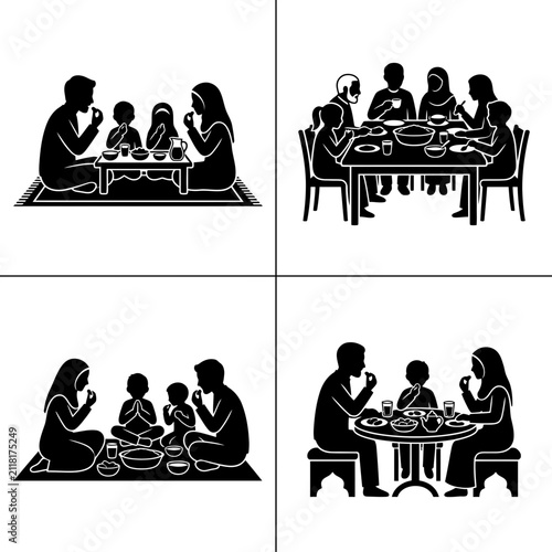 Family eating together at table and on floor.