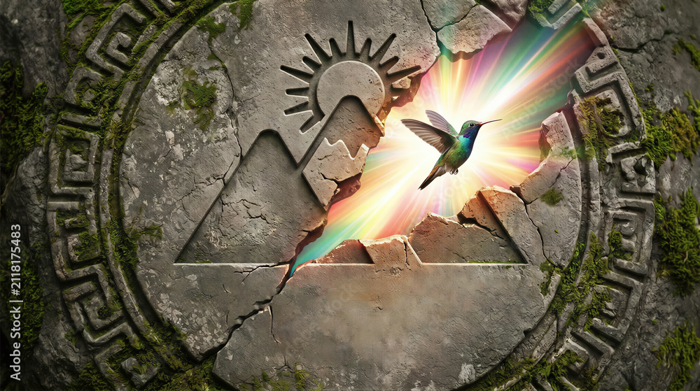 Fototapeta premium Hummingbird emerging from ancient stone carving with mountain and sun symbol. Bright rainbow light rays shining through broken rock. Celebration of Peruvian heritage and culture.