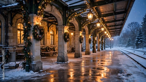 Elegant historic train station platform beautifully decorated with Christmas garlands, glowing lanterns, and festive lights during winter